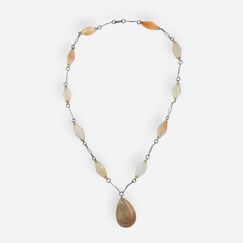 Artisan‎ Peach Beige Striped Agate Teardrop Pendant Necklace Silver Links 25.5"